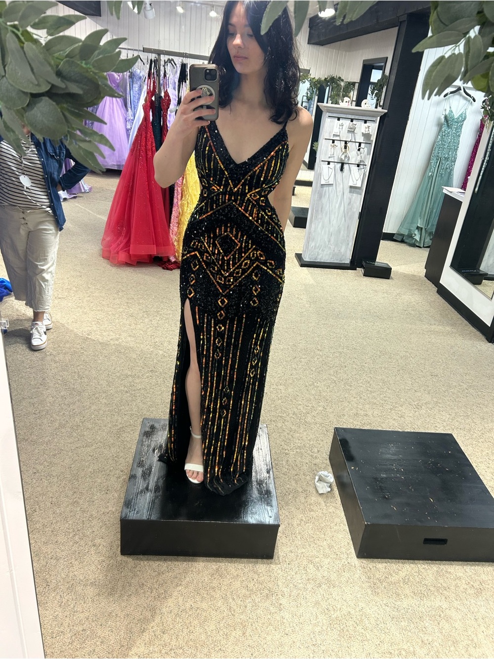 Black Beaded V-Neck Evening Gown with Gold Accents